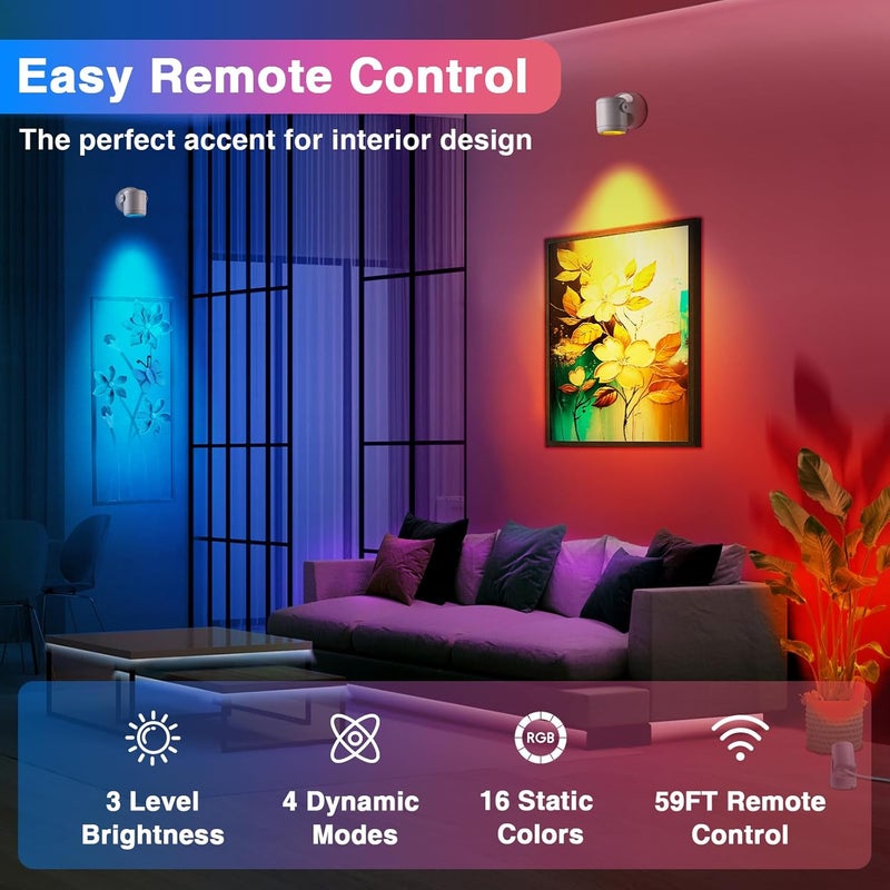 URTOM 6W RGBW Uplighting Indoor Color Changing Up Lights Indoor with Remote Dimmable LED Spot Lights for Home Aluminum Accent Lighting for Party Plant Decor with 5.9 FT Plug Cord, 2 Pack - Image 2